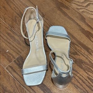 Stuart Weitzman size 8 silver strap, block heel sandals.